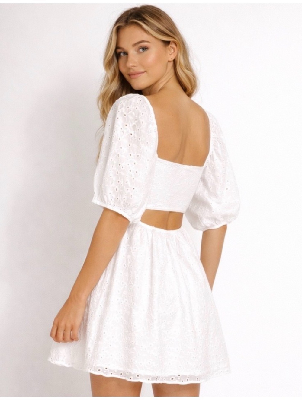 a new day White Eyelet Puff-Sleeve Mini Babydoll Dress